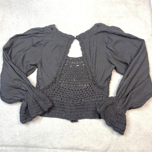 Free People Tops - Free People Black Crochet Knit Long Sleeve Boho Crop Top Open Back Small